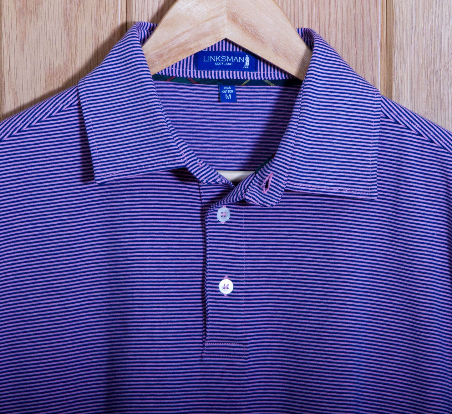 Panmure Pima Cotton Narrow Stripe Polo Shirt: Navy & Pink