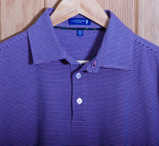 Panmure Pima Cotton Narrow Stripe Polo Shirt: Navy & Pink