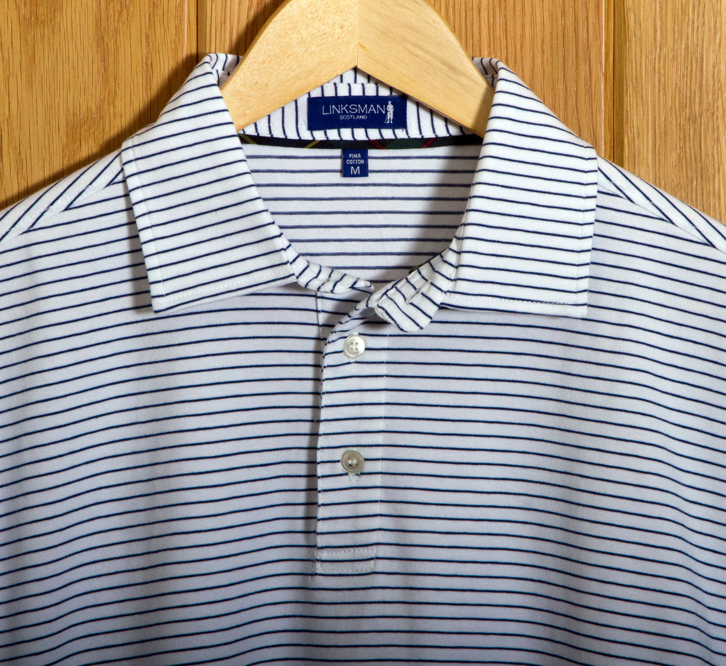 Gullane Pima Cotton Pencil Stripe Polo Shirt: White & Navy